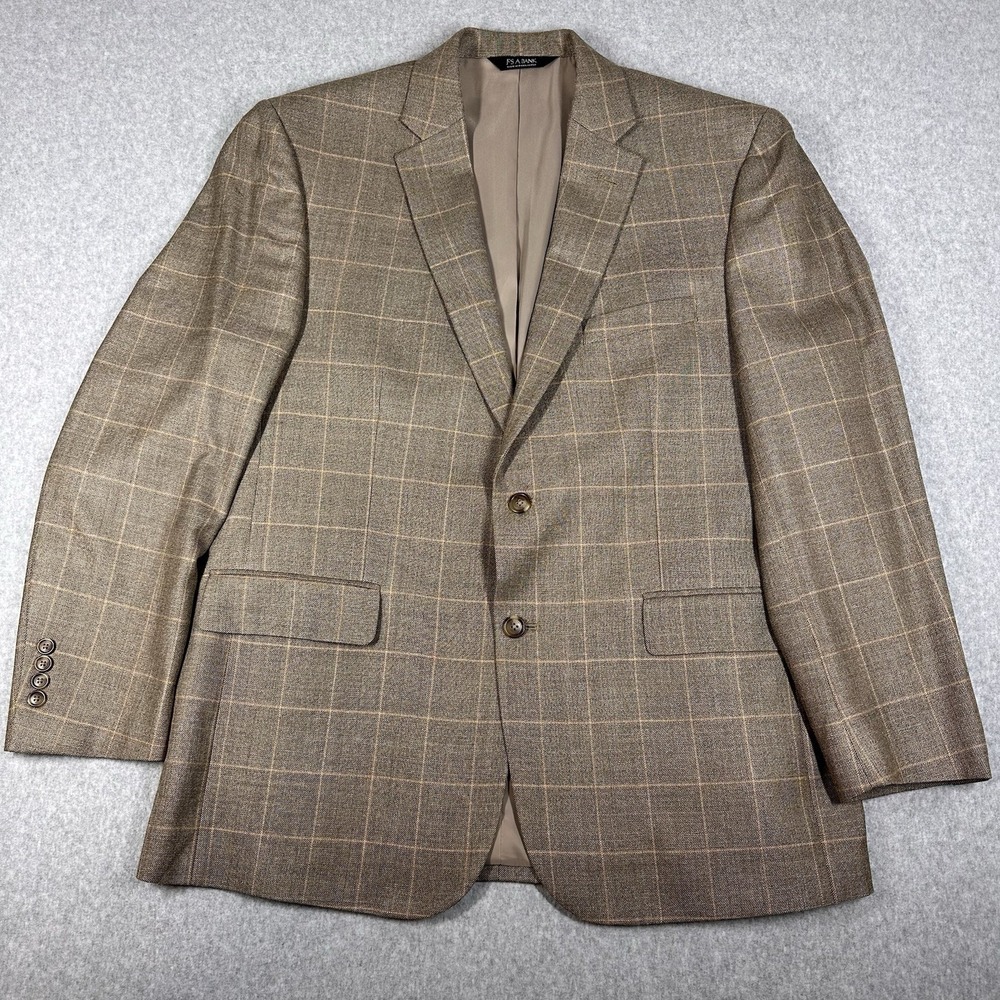 Jos. A. Bank Blazer 44 Regular Brown Windowpane‎ Check Silk Wool Blend Suit Coat